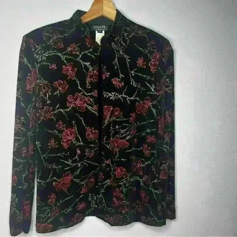 Xscape by Joanna Chen Floral Print Velvet Y2K Velvet Glittering Black Cardigan - Picture 2 of 6